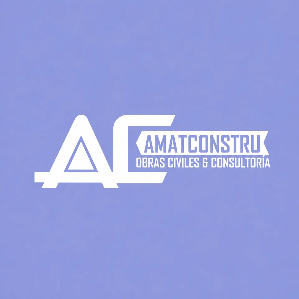 Marca de Amatconstru en blanco sobre el azul de su identidad.