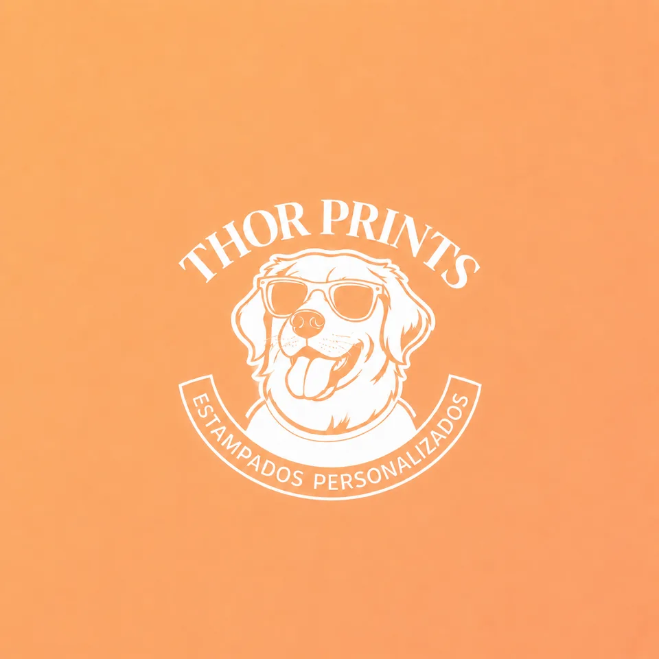 Marca de Thor Prints en blanco sobre el naranja de su identidad.