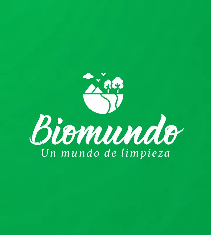 Marca de Biomundo sobre un fondo verde de identidad de marca.
